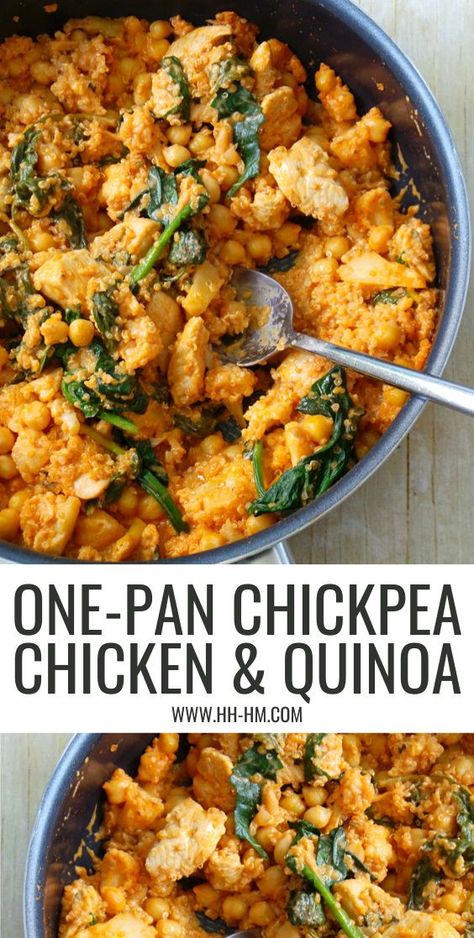 Make this one pan healthy chicken and quinoa with spinach and chickpeas in under 30 minutes for dinner! This chicken recipe is super easy, gluten-free, healthy and filling! Quinoa Chicken Spinach, Chickpea Quinoa Recipes, Chicken Thigh And Quinoa Recipes, Chicken With Quinoa Recipes, Quinoa Chickpea Recipes, Ground Chicken Quinoa Recipes, Chicken Chickpea Recipes, Chicken And Chickpea Recipes, Quinoa And Chicken Recipes