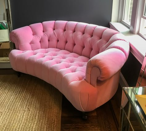 Who wants this bubble gum pink tufted sofa in their home? 🙋‍♂️🙋 Our clients know how to have fun with their fabric choices!   _______________________________⁠ Upholstered by: #LoussoDesigns ⁠in a vibrant pink velour #KostasCustom⁠⁠ _______________________________⁠ #customupholstery #reupholstery #upholstery ⁠ #bostondesign⁠ #bostondesigncenter⁠ #interiordesign #pinkcouch #contemporary #Boston⁠  #couch #tuftedcouch #statementpiece #livingroom Pink Sofa Bedroom, Couches For Room, Pink Furniture Aesthetic, Pretty Couches, Pink Furniture Sofas, Couches In Bedroom, Couch For Room, Cute Couches For Bedrooms, Aesthetic Couches