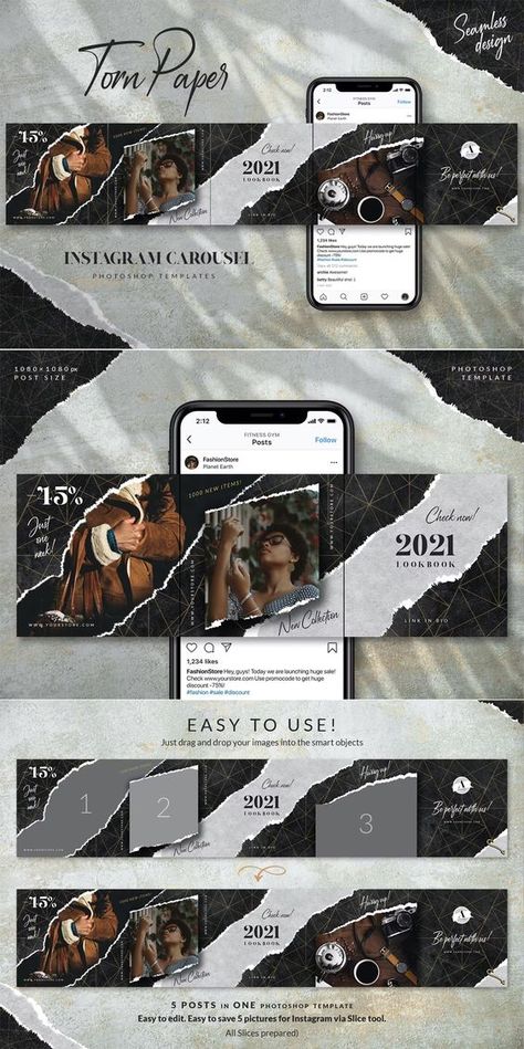 Torn Paper Instagram Carousel Template PSD Insta Post Design Template, Ig Carousel Post Ideas, Instagram Banner Templates, Insta Graphic Design, Instagram Banner Ideas, Graphic Design Carousel, Carousel Reference, Instagram Carousel Collage, Insta Carousel Design