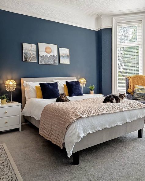 Navy Guest Bedroom, Mustard Bedroom, Pale Blue Walls, Navy Bedrooms, Blue Bedroom Ideas, Navy Walls, Online Interior Design Services, It's Too Hot, Caned Headboard