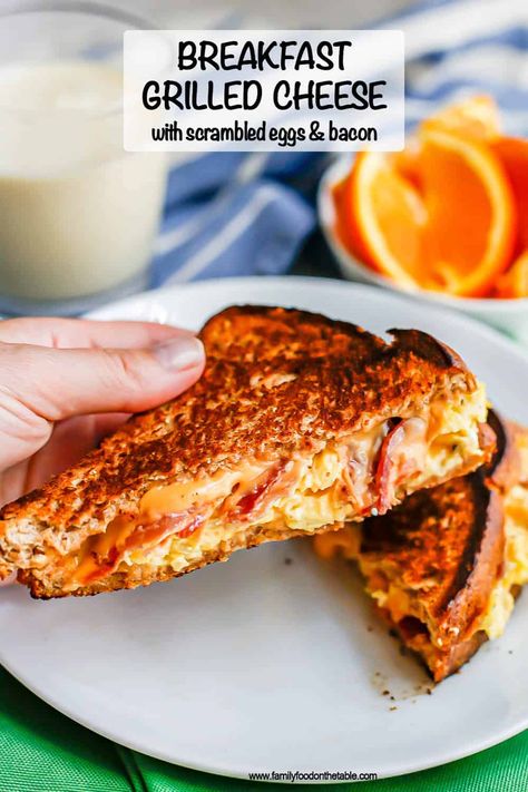 Breakfast grilled cheese with melty cheese, soft scrambled eggs and crispy bacon is the ultimate breakfast sandwich and crazy delicious! Breakfast Grilled Cheese, Cheddar Cheese Sandwich, Christmas Morning Recipes, Brunch Salad, Morning Recipes Breakfast, French Toast Casserole Overnight, Bacon Sandwich, Food On The Table, Ultimate Breakfast