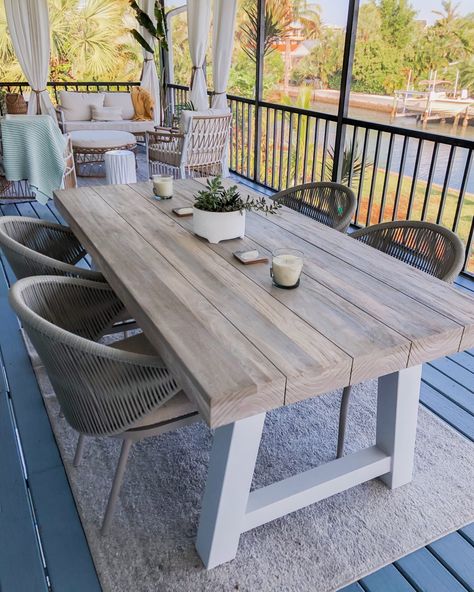 Outdoor Porch Table, Outdoor Eating Table Patio, Porch Dining Ideas, Porch Dining Table, Backyard Table Ideas, Outdoor Table Decor Everyday, Back Porch Picnic Table, Long Patio Table Outdoor Dining, Trex Outdoor Dining Table Diy