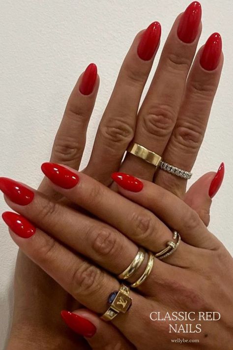 Scarlet Nails Acrylic, Bright Cherry Red Nails, True Red Nails, Summer Red Nails 2024, Red Round Acrylic Nails, Red Solid Nails, Red Prom Dress Nails, Long Almond Nails Summer, Bright Red Summer Nails