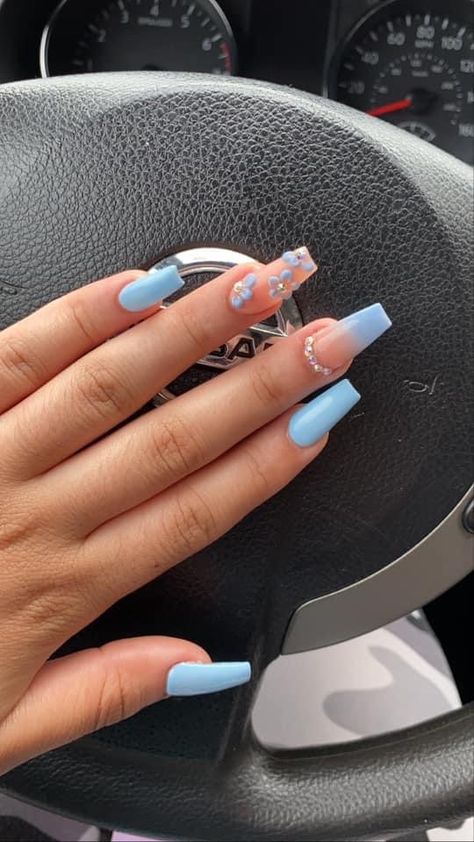 Blue Nails With Flowers Acrylic, Sky Blue Nail Art Designs, Blue 3d Flower Nails, Blue Spring Nails Acrylic, Pretty Blue Nails Acrylic, Blue Coffin Nail Ideas, Blue Nails With Flowers, Sky Blue Nails, 3d Flower Nails