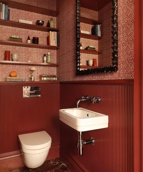 Rusty Red Bathroom, Orange Small Bathroom, Wallpaper Guest Toilet, Red Toilet Design, Funky Guest Bathroom Ideas, Wallpaper And Panelling Bathroom, Red Ceiling Bathroom, Small Red Bathroom, Eclectic Guest Bathroom