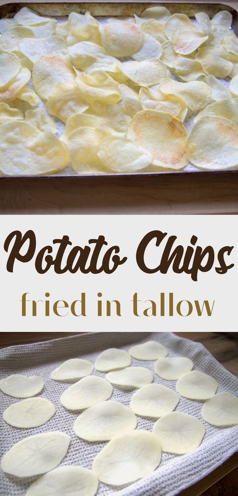 Healthy homemade potato chips fried in beef tallow Homemade Potato Chips, Make Potato Chips, How To Make Healthy Potato Chips, How To Make Homemade Potato Chips, Homade Potato Chips, Oven Potato Chips, Healthy Potato Chip Alternatives, Homemade Potato Chips Recipe, Fried Potato Chips