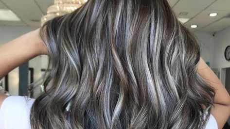 'Grey Blending' Hair: 2021's Low-Maintenance Trend To Try Ash Grey Balayage Brunettes, Grey Transition Hair, Lowlights Brunette, Ash Gray Balayage, Hair Lowlights, Grey Transition, Grey Blending, Hide Greys, Gray Balayage