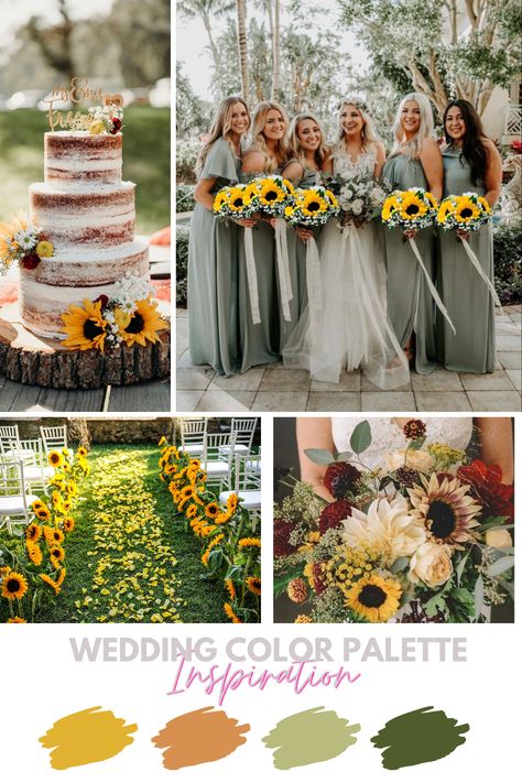 Yellow Theme Wedding Decorations, Wedding Sunflowers Theme, Sunflower Wedding Colors Fall, November Bridesmaid Dresses Color Schemes, Wedding Color Schemes With Sunflowers, Wedding Colors That Go With Sunflowers, Yellow Wedding Colour Schemes, Fall Wedding Color Schemes Sunflowers, Sunflower Color Scheme Wedding