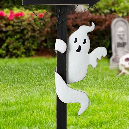 This Wooden Yard Stake adds retro charm to lawn, garden, campsite or patio-staked in the ground or standing on its own. LED and the pattern of the street lamp brings a warm feeling. It features rustic ornaments with hand made ghosts details and white sentiment on a back background, showing the guests the atmosphere of Halloween in your home. With so many unique styles of yard stake, there are endless ways to incorporate these essential outdoor stake accessories into your landscape.Size: 10.75.in L x 1.25.in W x 42.in H9 bulbs with tangerine light 3AA batteries are needed.Illuminated by warm white LED lights, let it light a path in your garden for Halloween!Unique street lamp post designEasy assembly requiredNumber of Lights: 9Features: LightedLight Functions: ConstantLight Bulb Type: LedPo Diy Wooden Halloween Yard Signs, Halloween Wooden Decorations, Outside Halloween Decorations, Halloween Yard Signs, Scary Halloween Decorations Outdoor, Halloween Yard Art, Scary Halloween Decorations Diy, Halloween Unique, Back Background