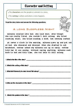 Worksheet | Character and Setting | Read the story "A long Sleepless Night". Then answer the questions related to it. Reading Comprehension Second Grade, Reading Comprehension Worksheets 2nd Grade, Second Grade English, Worksheets For 2nd Grade, Worksheets 2nd Grade, Free Reading Comprehension Worksheets, Expository Text, Character Worksheets, Second Grade Writing