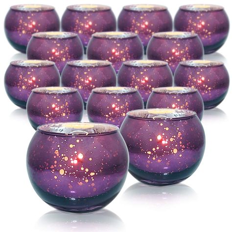 PRICES MAY VARY. 1️⃣ Versatile Decoration：Includes 16 exquisitely designed glass votive candle holders for creating a charming and romantic atmosphere. 2️⃣ Perfect Fit: Each candle holder measures 2.6"（diameter）*2.2"（height）and the top opening diameter is 2, making it an ideal size for standard tea lights or votive candles. The round shape and transparent glass allow the candlelight to shine through beautifully. 3️⃣ Premium Quality Material: Made of high-quality glass, ensuring long-lasting dura Silver Votive Candles, Dark Purple Wedding, Purple Wedding Centerpieces, Valentines Dinner, Purple Centerpieces, Led Tea Light Candles, Purple And Gold Wedding, Mercury Glass Candles, Mercury Glass Candle Holders