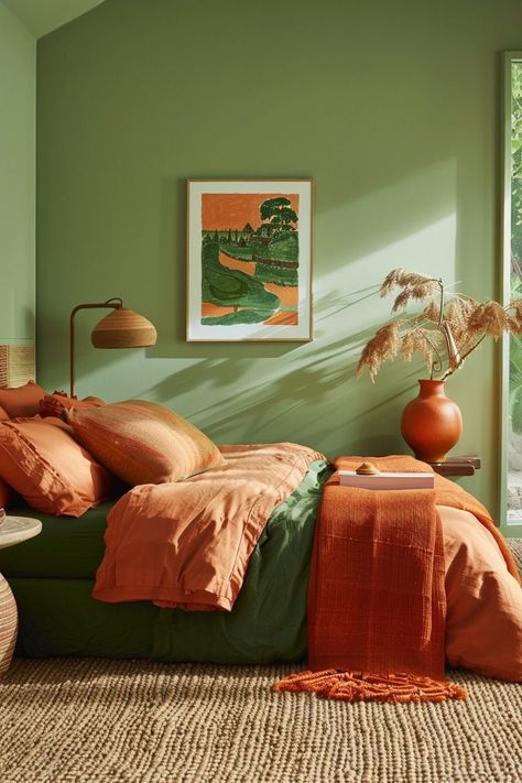 29 Green and Terracotta Bedroom Ideas for a Warm and Earthy Retreat 4 Bedroom Ideas Terracotta, Green And Terracotta Bedroom, Terracotta Bedroom Ideas, Terracotta Bedroom, Green And Terracotta, Urban Bedroom, Terracotta Decor, Bedroom Wall Decor Ideas, Industrial Chic Design