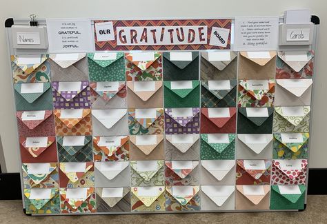 I created this gratitude board for our work area. We have 40 odd staff and they choose their own envelope and then we pop what we are grateful for them doing on a card and slipping it into their envelope. #CTMH Work Gratitude Board, Gratitude Display, Staff Bulletin Boards, Gratitude Poster, Gratitude Wall, School Counselor Lessons, Gratitude Board, Morale Boosters, Gratitude Cards