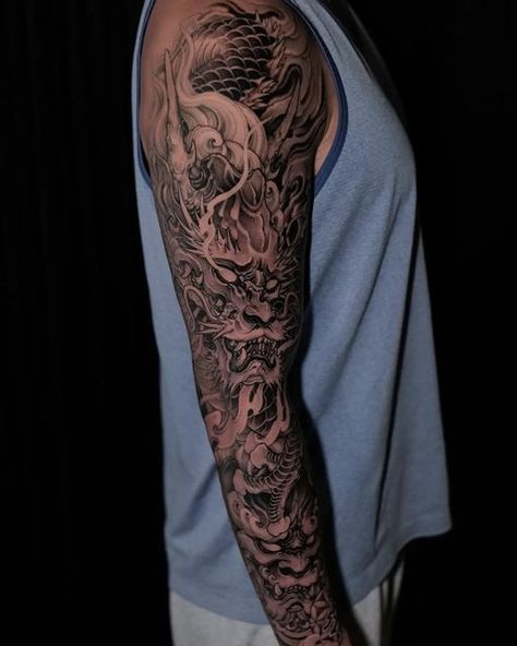 Dragon Sleeve Tattoos Men, Tattoo Sleeve Dragon, Dragon Half Sleeve Tattoo, Dragon Tattoo Sleeve, Drake Tattoos, Neo Japan, Japanese Dragons, Tiger Tattoo Sleeve, Dragon Tattoo Sketch