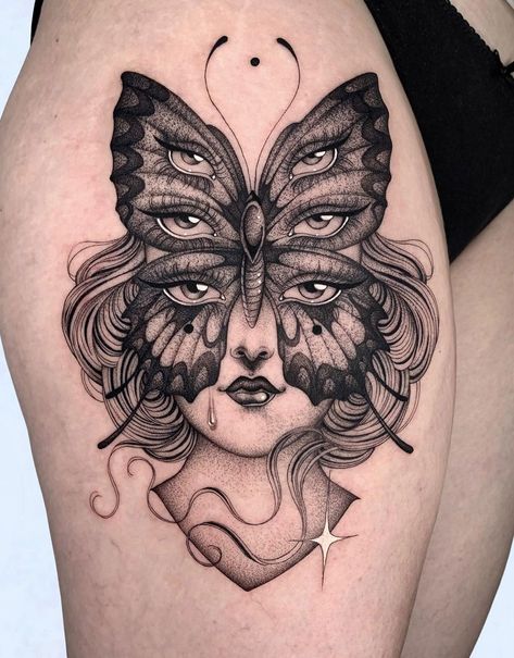 Butterfly mask by Sara Rosa, an artist at Black Ship Tattoo in Barcelona, Spain. Butterfly Goddess Tattoo, Trippy Tattoos For Women, Creepy Butterfly Tattoo, Butterfly Eyes Tattoo, Eye Butterfly Tattoo, Butterfly With Eyes Tattoo, Butterfly Eye Tattoo, Trippy Butterfly Tattoo, Butterfly Face Tattoo