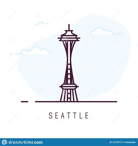 Space Needle Drawing, Seattle Drawing, Needle Drawing, Tower Illustration, Sky With Clouds, Space Needle Seattle, Seattle City, Photography Illustration, Sky And Clouds