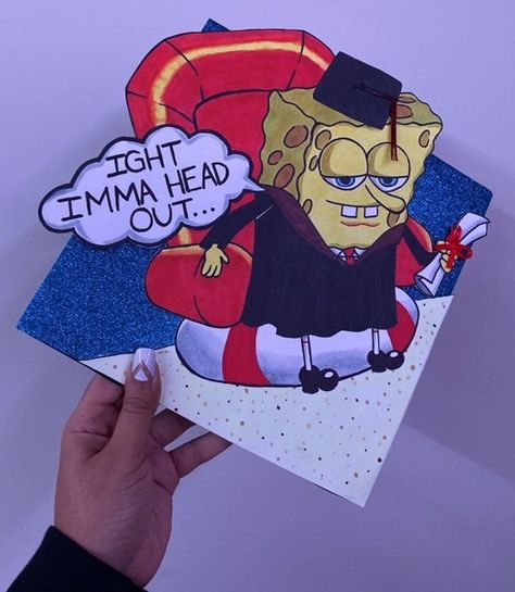 Spongebob Graduation, Spongebob Graduation Cap, High School Graduation Cap Designs, Funny Graduation Caps, Creative Graduation Caps, College Grad Cap Ideas, Grad Cap Decorated, Graduation Cap Decoration Diy, Funny Spongebob