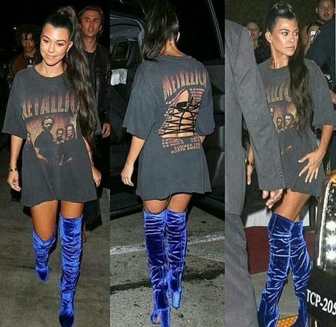 Kourtney Kardashian in Metallica dress T-Shirt & Thigh High Boots Get The Look: Rock Kourtney Kardashian Metallica dress t-shirt and thigh high boots.     #GetTheLook #Fashion #KourtneyKardashian #Blogger #FashionBlog T Shirt Dress With Boots, Rap Concert Outfit, Oversized Tshirt Outfit, Thigh High Boots Outfit, Concert Attire, Concert Outfit Summer, Branded Outfits, Shirt Dress Outfit, Rock Festival