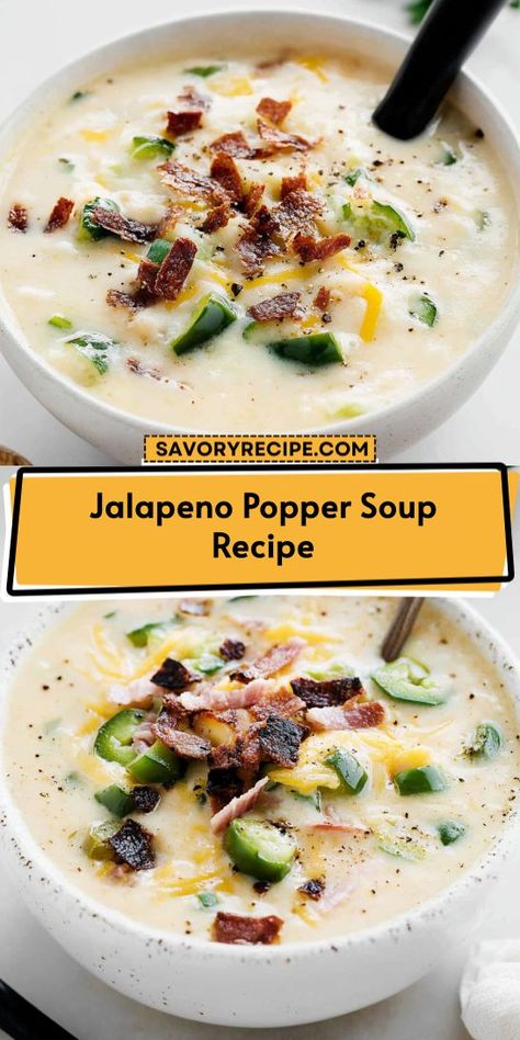 Looking for a comforting and flavorful twist on your favorite appetizer? This Jalapeno Popper Soup Recipe combines creamy goodness with a spicy kick! Enjoy a hearty meal that warms you up on chilly days. Save this easy soup recipe for your next dinner inspiration! Popper Soup, Spicy Soup Recipes, Jalapeño Soup, Chicken Soup Crockpot, Easy Soup Recipe, Savory Recipe, Jalapeno Popper Chicken, Bacon Chicken, Jalapeno Chicken