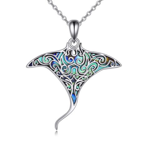 PRICES MAY VARY. 【DESIGN】This silver necklace is inspired by manta ray, delicate filigree pattern with colorful abalone shell, which makes this necklace unique! A perfect jewelry gift for ocean animal lover. 【MATERIAL】925 sterling silver Stingray necklace with abalone shell, nickel free, lead free, and hypoallergenic, very friendly for sensitive skin and comfortable to wear. 【SIZE】 Manta ray pendant: 1.12*1.25inch. Chain length: 18 inch+2 inch extension. Packing list:1 x Stingray Necklace,1 x po Ocean Necklace, Mermaid Pendant, Filigree Pattern, Ocean Jewelry, Pet Necklace, Animal Jewelry, Unique Necklaces, Womens Jewelry Necklace, Gifts For Women