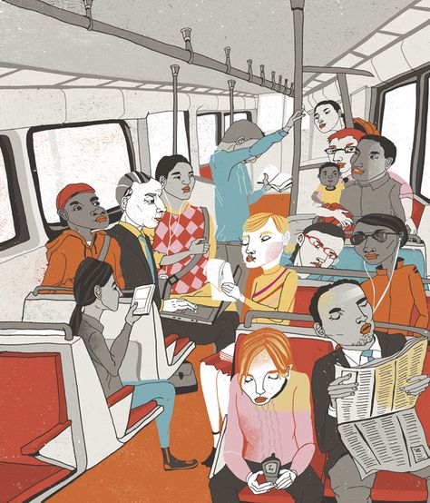 http://thecreativefinder.com/portfolio-image.php?username=kfrosen Morning Commute, Illustration Portfolio, Portfolio Images, Reading Art, Illustration Quotes, Portfolio Site, Figure Drawing Reference, Character Development, A Train