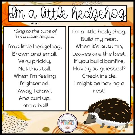 Are you looking for cute activities for the Fall season? This adapted book is about the Fall nursery rhyme, Im a little hedgehog. This song is inspired by the nursery rhyme favourite, I'm A Little Teapot! You can read this nursery rhyme book as a class lesson, during circle time, 1:1 to assess reading, or have it as an independent activity! Students are asked to read the book, then match the picture from the PECs on the side! Hedgehog Songs Preschool, Hedgehog Preschool Craft, Autumn Songs, Adapted Books Special Education, November Preschool, Fall Nursery, Rhyming Preschool, Nature Club, Nursery Rhymes Preschool