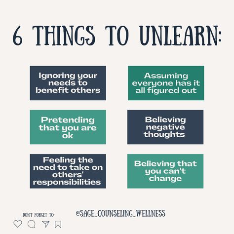 6 Things to Unlearn. What are you unlearning? Source: mytherapytribe #unlearning #personalgrowth #anxietycopingskills #anxietyrelieftips #atlantatherapist #mentalhealth #mentalhealthawareness #psychotherapy #healing #therapistlife How To Unlearn Things, Things I Learned In Therapy, Things To Unlearn, Unlearning Urgency, Mama Mantras, Wellness Blogging, Linkedin Post, Parenting Done Right, Wellness Blog