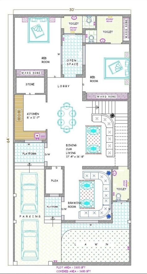 30 60 Feet House Plan East Facing, 30x60 House Plans, Small House Design Floor Plan, Single Story House Floor Plans, Mini House Plans, 30x50 House Plans, Square House Plans, Budget House Plans, 20x40 House Plans