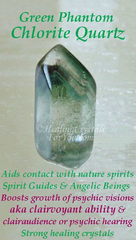 Chlorite Quartz aids contact with nature spirits, spirit guides & angels Boosts growth of psychic visions aka clairvoyant ability & clairaudience Strong healing crystals. #ChloriteQuartz #naturespirits #FindYourSpiritGuides #quartzcrystals #HealingCrystals #CrystalProperties #MeaningsandUse Chlorite Quartz Meaning, Chlorite Quartz, Quartz Meaning, Crystal Healing Chart, Healing Crystals For You, Psychic Gifts, Healing Magic, Crystal Vibes, Nature Spirits