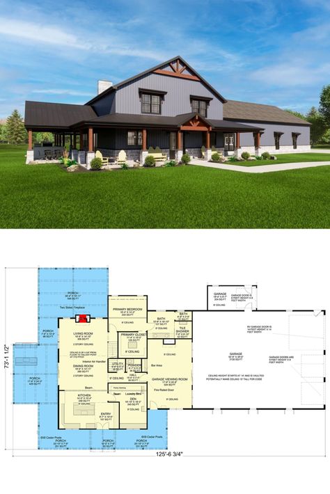 Double-Story, 3-Bedroom Barndominium-Style House with Garage Viewing Room (Floor Plans) House With Garage, Barndominium House, Wraparound Porch, Rv Garage, Barndominium Plans, Barndominium Floor Plans, Viewing Room, Porch Flooring, Planning Printables