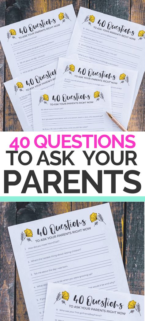 40 questions to ask your parents right now. These conversation starters will spark meaningful conversations you will cherish. #Journaling #Journals #Questions #Parents #Grandparents #MemoryMaking Grandparents Journal Ideas, Interview Questions For Grandparents, Questions To Ask Your Mom Before She Dies, Things To Ask Your Parents, Questions To Ask Parents Before They Die, Questions To Ask Grandparents, Anniversary Questions, Questions To Ask Your Grandparents, Questions To Ask Your Parents