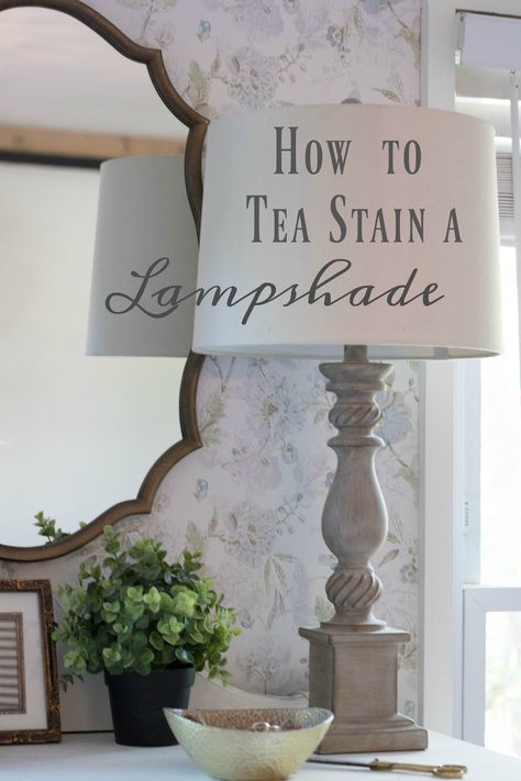 Tea Stained Lamp Shade, Diy Farmhouse Lampshade, Diy Lamp Shade Makeover, Herb Display, Lamp Shade Makeover, Farmhouse Lampshade, Fan Makeover, Lampshade Diy, Seeking Lavender Lane