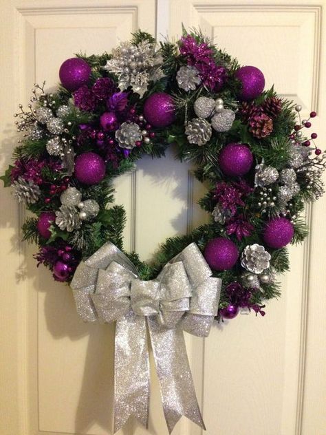 royal purple silver christmas wreath Purple And Silver Christmas, Purple Christmas Wreath, Silver Christmas Wreath, Purple Christmas Decorations, Christmas Wreath Ideas, Diy Christmas Wreath, Purple Stuff, Purple Wreath, Appreciation Ideas