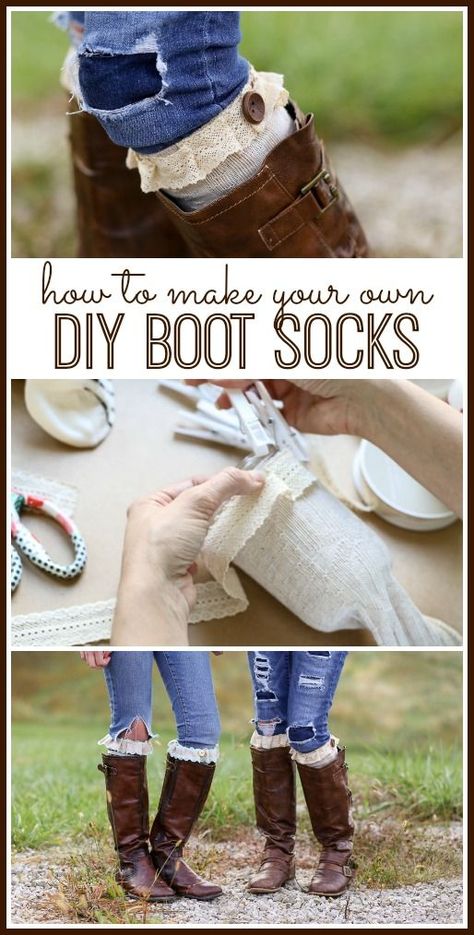 how to make your own DIY No-Sew Boot Socks - Sugar Bee Crafts Diy Boot Socks, Mother Daughter Crafts, Over The Knee Sock Boots, Fixing Clothes, Lace Boot Socks, Lace Ideas, Hunter Boots Outfit, Diy Fashion Trends, Boot Cuff