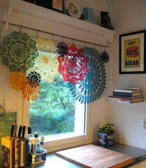 Dishfunctional Designs: Creative Uses For Old Lace Remnants & Crochet Doilies Crochet Window Decoration, Doily Art, Doilies Crafts, Repurposed Art, Crochet Curtains, Bohol, Diy Window, Lace Curtains, Kitchen Window