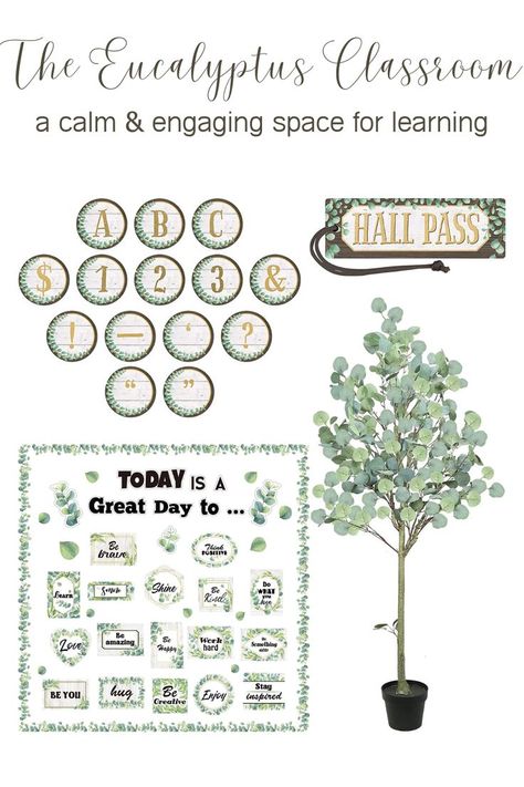 Eucalyptus Classroom Decor, Nature Classroom Decor, Eucalyptus Classroom, Calming Classroom Decor, Burlap Classroom, Calming Classroom, Nature Classroom, Homeschool Portfolio, Calm Classroom