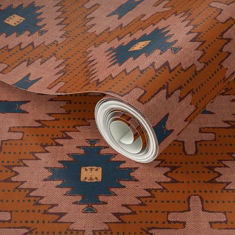 Southwestern Rugs Living Room, Spanish Boho Decor, Sedona Bedroom, Southwestern Wallpaper, Bunkhouse Ideas, Terracotta Wallpaper, Trailer Redo, Aztec Wallpaper, Laundry Bathroom