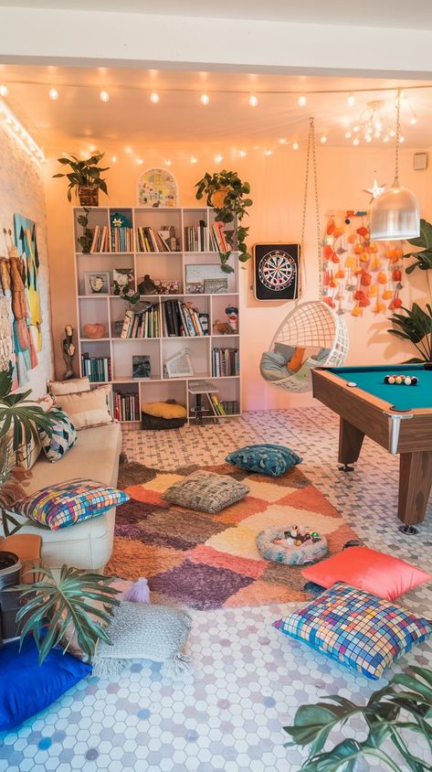 Ultimate Cozy Teen Hangout Room - Home with Ava Teen Center Ideas, Fun Family Room Ideas, Teen Basement Hangout Ideas, Teen Bonus Room Ideas, Basement Kids Hangout, Student Lounge Design, Teen Playroom Ideas, Kids Hangout Room Ideas, Teen Basement Hangout