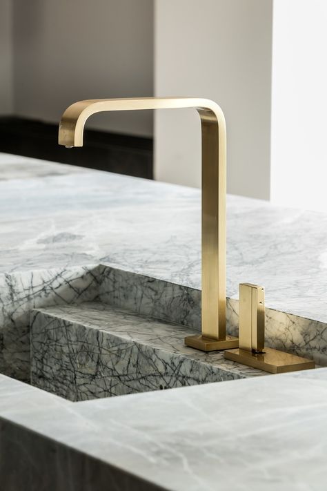 ANDREW KITCHEN FAUCET IN BRASS by Co.Studio Kitchen Sink Faucet Placement, Kitchen Sink Faucets Farmhouse, Kitchen Faucets Ideas, Kitchen Sink And Faucet, Gold Kitchen Sink, Sink Faucet Kitchen, Faucets Ideas, Sink And Faucet, White Faucet