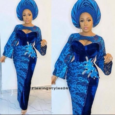 Style For Velvet Gown, Ankara With Velvet Styles, Velvet Lace Dress Asoebi, Iro Gown Style Lace For Bride, Velvet And Lace Asoebi Styles, Print Dress Designs, Velvet Styles, Lace Asoebi, Lace Asoebi Styles