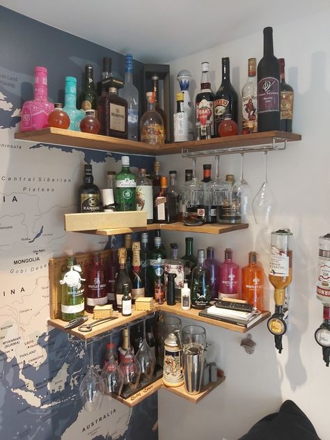 Corner Bar Shelves Ideas, Corner Shelf Bar Ideas, Liquor Shelf Bar, Mini Bar Display, Corner Bar Shelves Ideas Liquor, Corner Liquor Shelf, Corner Bar Shelves, Alcohol Shelf, Corner Dry Bar Ideas