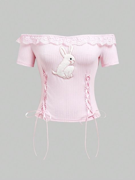 ROMWE Kawaii Ladies' Tight-Fitting Off Shoulder Bunny Embroidered T-Shirt With Bow TieI discovered amazing products on SHEIN.com, come check them out! Kawaii T Shirt, Mode Rose, Shein Outfits, Rose Bonbon, Y2k Outfits, Women T Shirts, Kawaii Clothes, Embroidered Tshirt, Retro Outfits