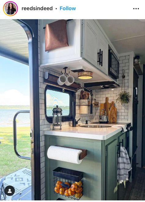 Camper Cat, Yellow Kitchen Cabinets, Rv Interior Remodel, Camper Kitchen, Diy Camper Remodel, Diy Rv, Small Campers, Rv Renovations, Camper Makeover