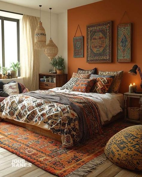 Orange Wall Bedroom Decor, Orange Bedroom Accent Wall, Beige And Orange Bedroom, Warm Colour Bedroom, Moraccon Theme Bedroom, Orange Walls Bedroom, Orange Accent Wall Bedroom, Moroccan Interiors Bedroom, Bedroom Decor Moroccan Style