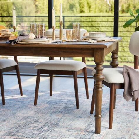 Modern Mediterranean Villa, Turned Leg Dining Table, Dark Academia Boho, Boho Farmhouse Style, Modern Farmhouse Dining Table, Home With Character, Turned Table Legs, Wood Dining Tables, Parisian Bistro