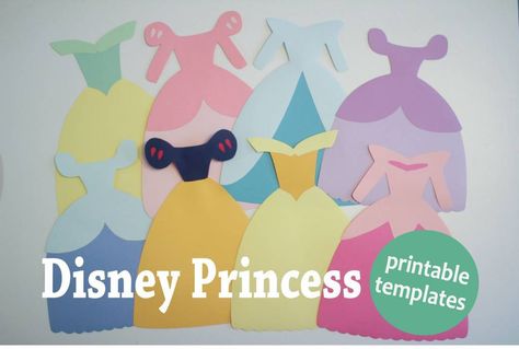 Choose from 6 free templates and download instantly to print your own Disney Princess dress paper cutout. Featuring Cinderella, Snow White, Elsa and more! Princess Banner, Disney Princess Dress, Felt Templates, Princess Crafts, Paper Dresses, Disney Princess Birthday Party, Dress Paper, Princess Tea Party, Princess Theme Party