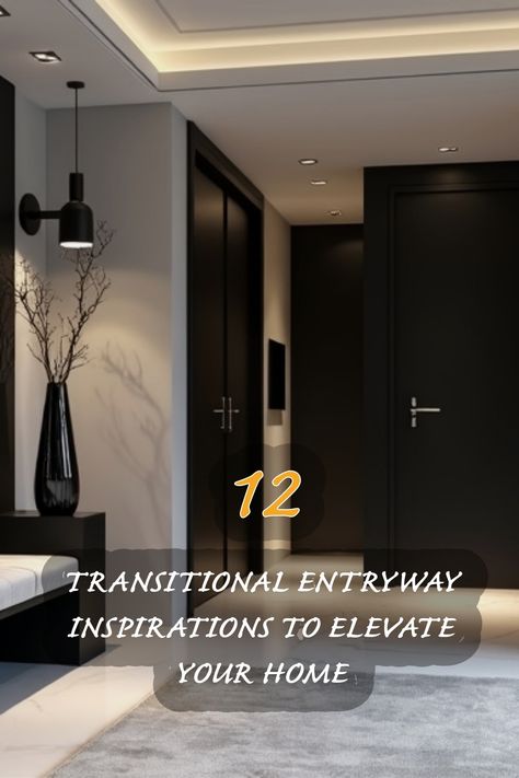 I absolutely love the sleek and modern look of transitional entryways! This space perfectly balances style and functionality, creating a warm welcome to any home. The combination of dark cabinetry and soft lighting enhances the sophistication, while the decorative elements, like the vase with branches, add a touch of elegance. Explore these ideas to transform your entryway into a stunning first impression! Transitional Style Foyer Entryway, Small Foyer Ideas Entryway Modern Luxury, Small Foyer Ideas Entryway Modern, Contemporary Entrance Foyer Design, Foyer Ideas Entryway Modern Luxury, Luxury Entryway Ideas, Large Foyer Ideas Entryway, Transitional Entryway Ideas, Foyer Area Design Entrance