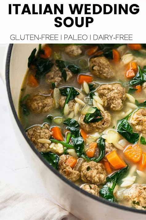 Paleo Italian Wedding Soup, Whole 30 Italian Wedding Soup, Italian Wedding Soup Gluten Free, Gluten Free Wedding Soup, Dairy Free Gluten Free Italian Recipes, Dairy And Gluten Free Soup Recipes, Soup Recipes Gluten Free Dairy Free, Dairy Free Gluten Free Soups, Gf Italian Recipes