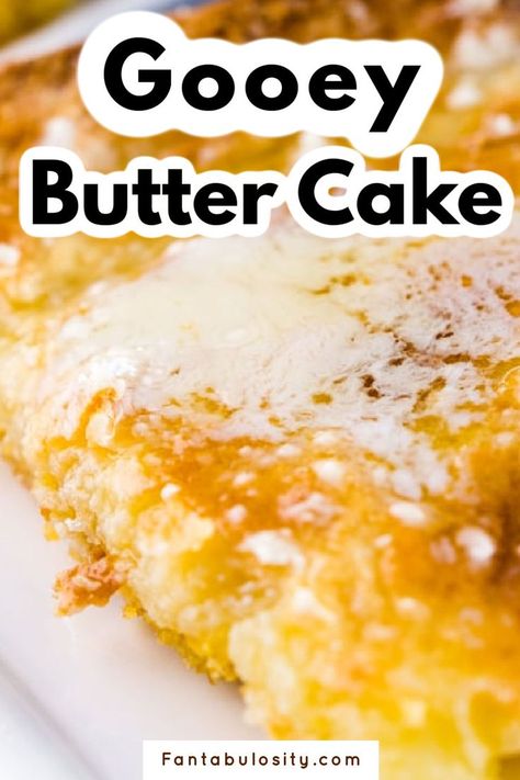 gooey buttery cake Easy Gooey Butter Cake Recipe, Yellow Cake Mix Desserts, Gooey Butter Cake Recipe, Bake Sale Desserts, Yellow Cake Mix Recipes, Yellow Butter Cake, Gooey Cake, Cake Mix Desserts, Flat Cakes