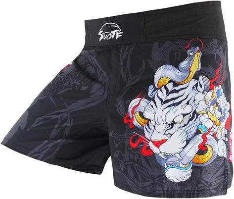 100% Polyester Drawstring closure Machine Wash 1.SUOTF mma shorts has velcro and drawstring help you better adjust your waistline, fight shorts leg split design makes you easier to lift legs. 2.Men fight shorts made of comfortable fabric and boxing shorts reduce friction when you grappling, excellent printing technology makes mma shorts pattern clearer and no color fadding. Boxing Trunks, Thai Box, Thai Boxing Shorts, Tiger Muay Thai, Thai Clothes, Mma Shorts, Shorts Pattern, Boxing Shorts, Boxing Training